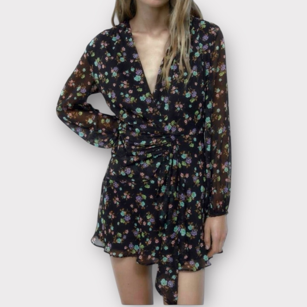 Zara Black Floral Print Mini Dress Long Sleeves Knotted Front, size Medium